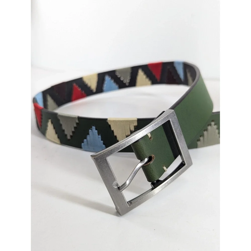 Olive Green Leather Embroidered Geometric Aztec Belt Unisex Size M 34